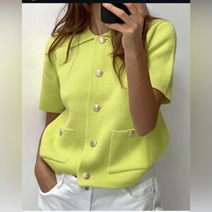 NWT ZARA Basic Short Sleeved Knit Cardigan in 🍋‍🟩 lime green 🍋‍🟩 size Med